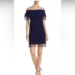 Elie Tahari NEW Kalla Off-The-Shoulder Lace cocktail party blue tassel Dress 4